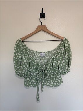 SABO Skirt Daisy Floral Woven Crop Bow Peplum Puff Sleeve Shirt Boho Green XS